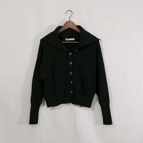 Zara Women’s Black Button Front Cardigan Sweater Size S Shawl Collar - Picture 5 of 9